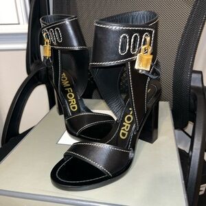 Tom Ford Black Leather Ankle-Cuff High Heel Sandals with Gold Padlock